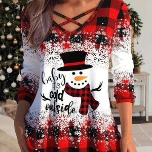 UP TO 50% OFF!! Snowman & Plaid Print Cross Front Tee Top, Casual Long Sleeve